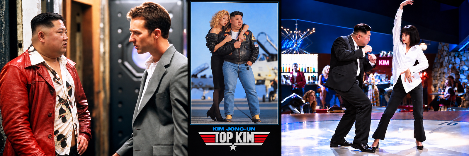 Kim movie satire collage: red jacket scene, Top Kim poster, and dance floor scene, side by side